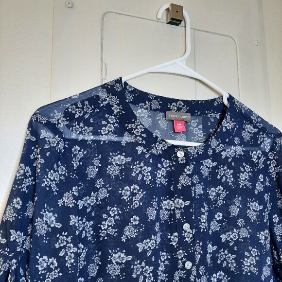 Vince Camuto Women Blue White Floral Print Blouse Sheer See Through Size PM - Picture 5 of 11
